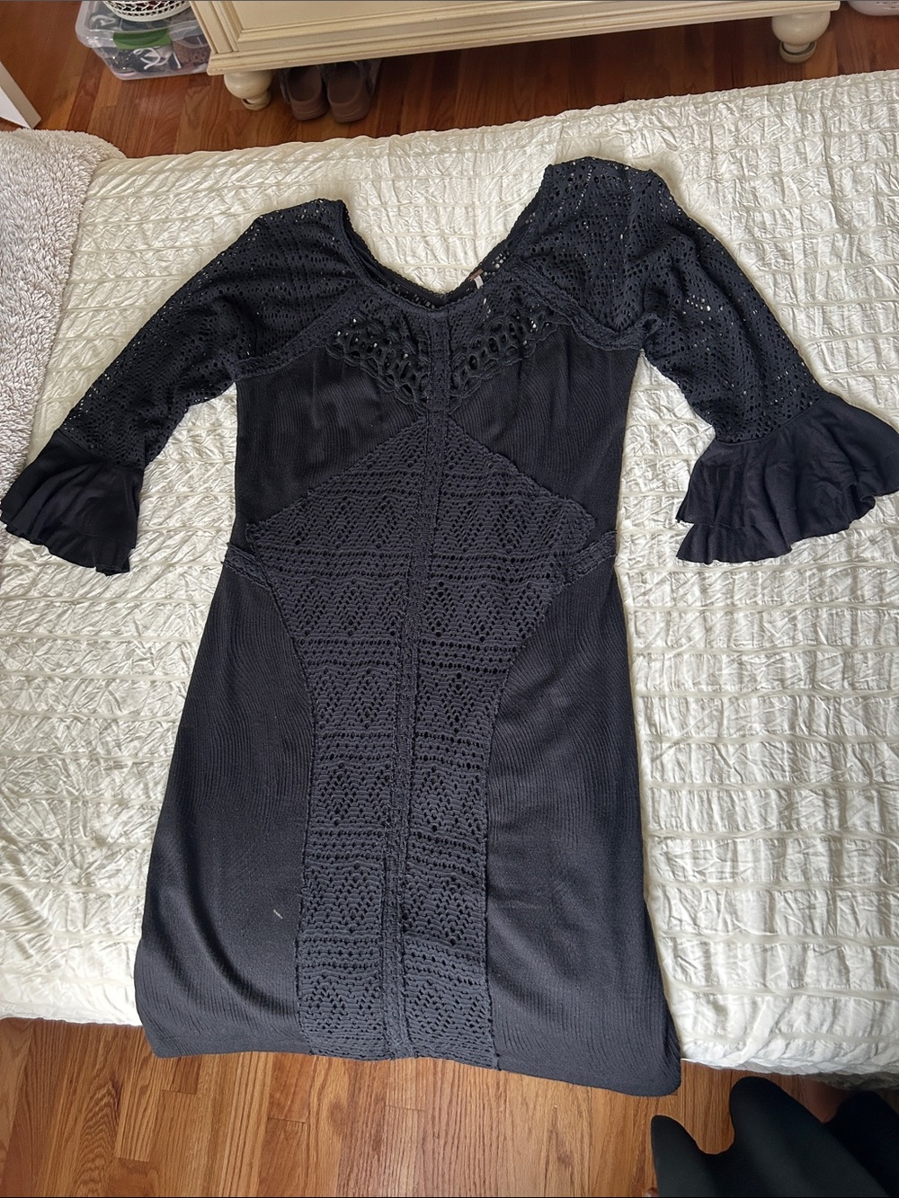 Free People Black Crochet Panel Long Sleeve Dress